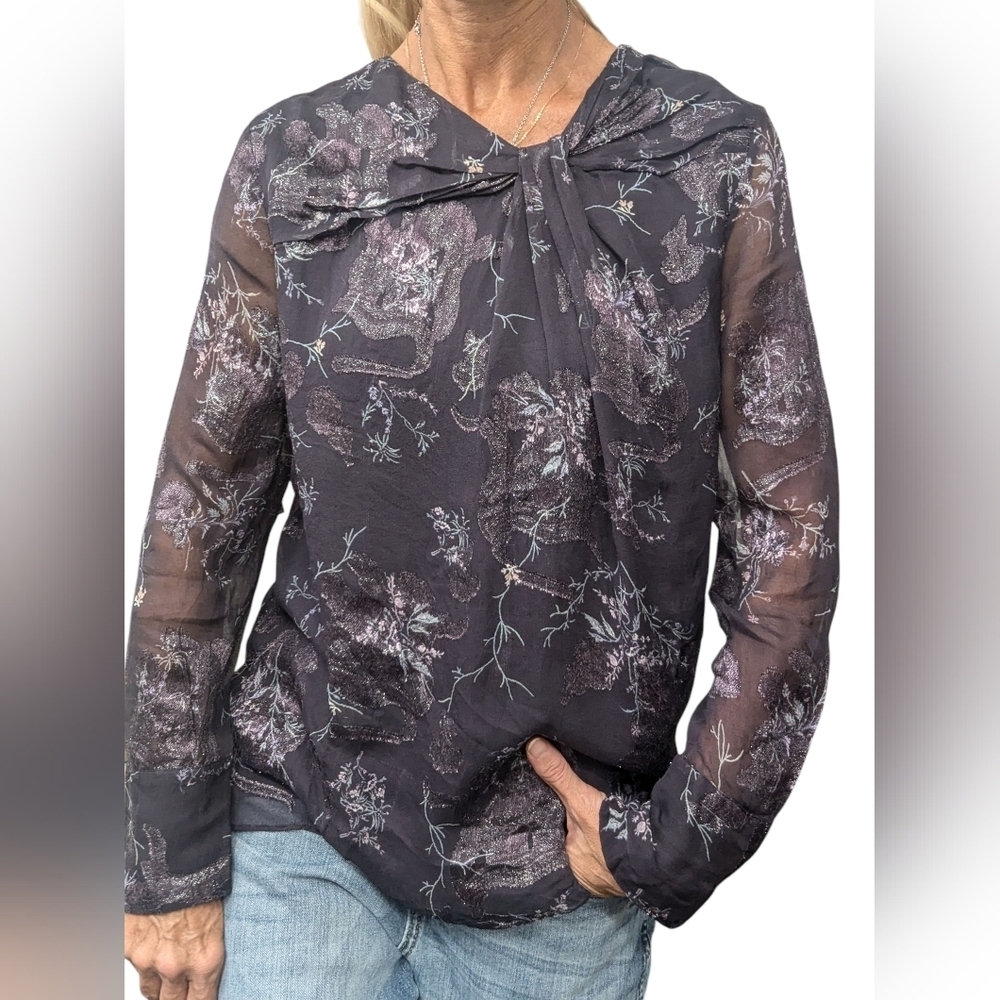 GREY Jason Wu Silk Blend Metallic Floral Sheer Blouse Size 0